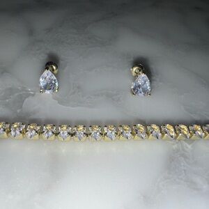 Gold Plated CZ Tennis Bracelet & Pear Stud Earrings Set